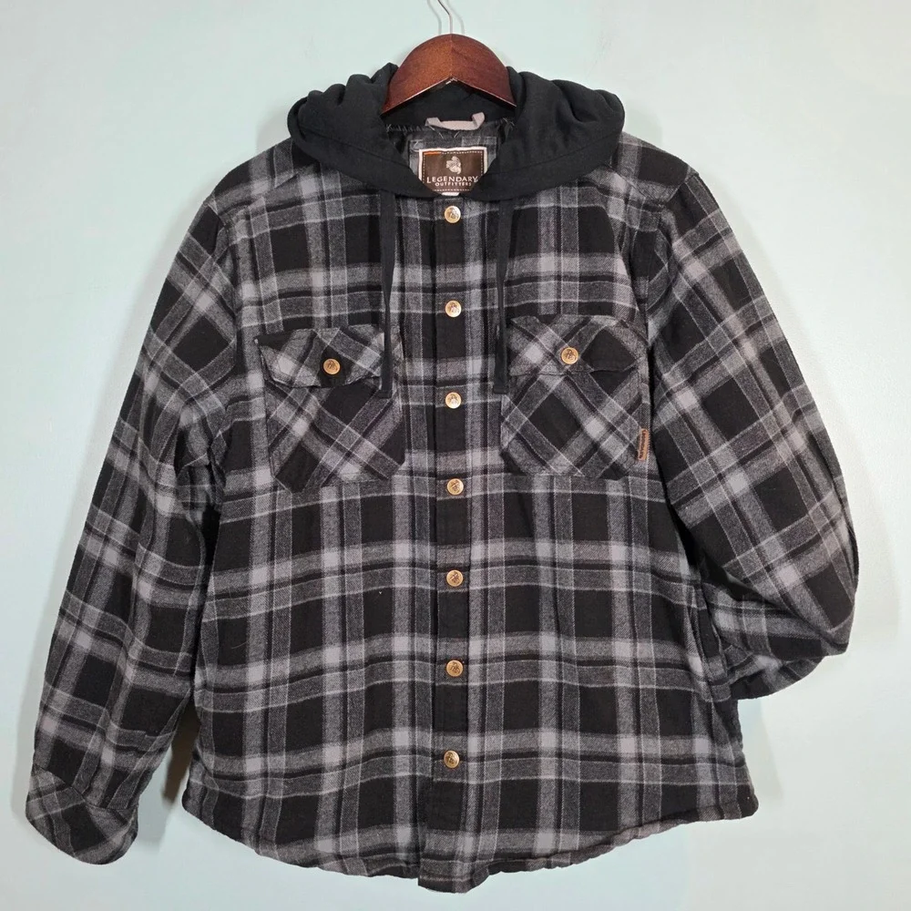 Legendary Outfitters Mens Plaid Hooded Flannel Shirt Jacket Grey Black Small